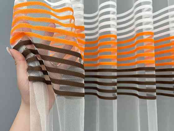 Тюль VR-Textil 1307т Терція Фатин смужки Молочний з помаранчевим та венге 400х270 см (42-1258) Київ