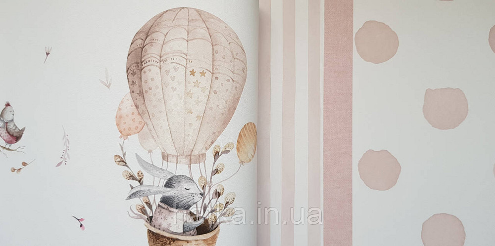 Шпалери флізелінові еко Rasch Kids World 0.53х10 дитячі повітряні кулі жирафи зайці птиці рожеві коричневі Київ - фото 3