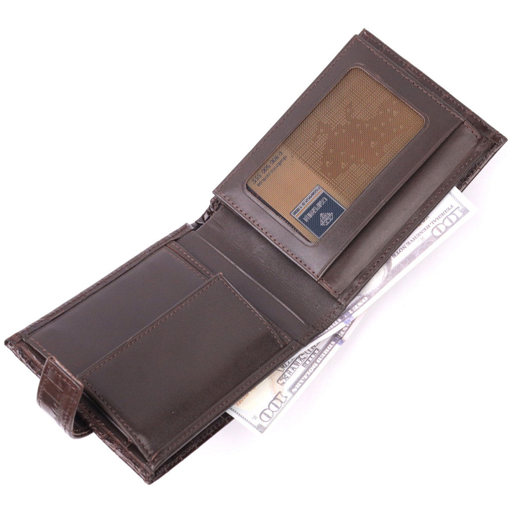 Классический мужской кошелек из натуральной кожи с тиснением под крокодила KARYA 21199 Коричневый Киев - изображение 6