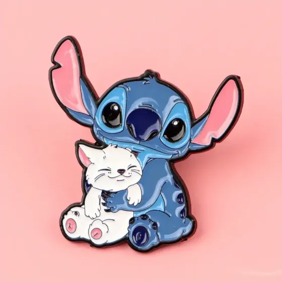 Значок “Stitch & Cat” – емальований значок Стіч із білим котиком, 3 см Київ