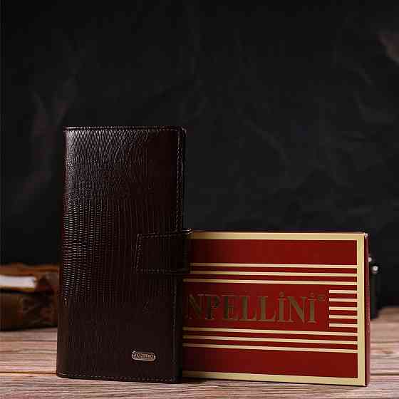 Интересное вертикальное мужское портмоне из натуральной фактурной кожи с тиснением Коричневое (CANPELLINI) Киев