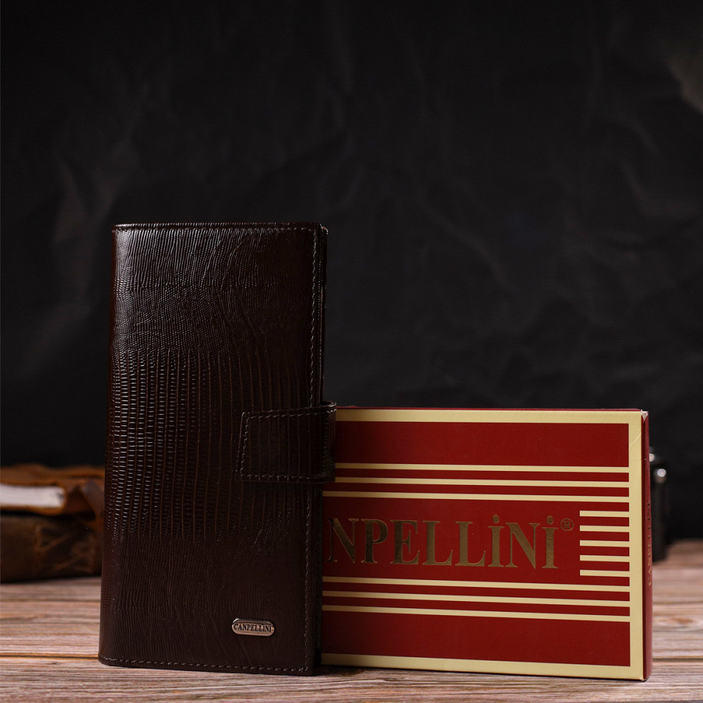 Интересное вертикальное мужское портмоне из натуральной фактурной кожи с тиснением Коричневое (CANPELLINI) Киев - изображение 4
