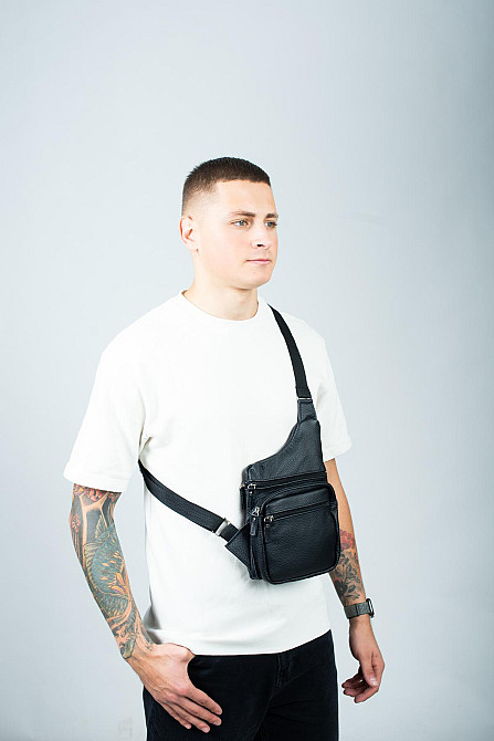 Сумка-слінг із натуральної шкіри, сумка через плече чоловіча SL017 (Чорна) Суми - фото 5