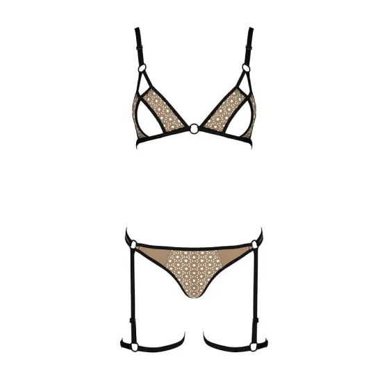 Еротичний комплект спідньої білизни Passion GABI SET XXL/XXXL beige, трусики з гартерами Львов