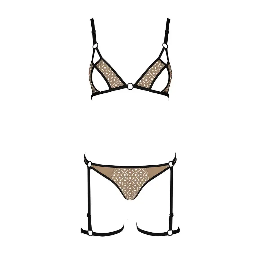 Еротичний комплект спідньої білизни Passion GABI SET XXL/XXXL beige, трусики з гартерами Львов - изображение 3