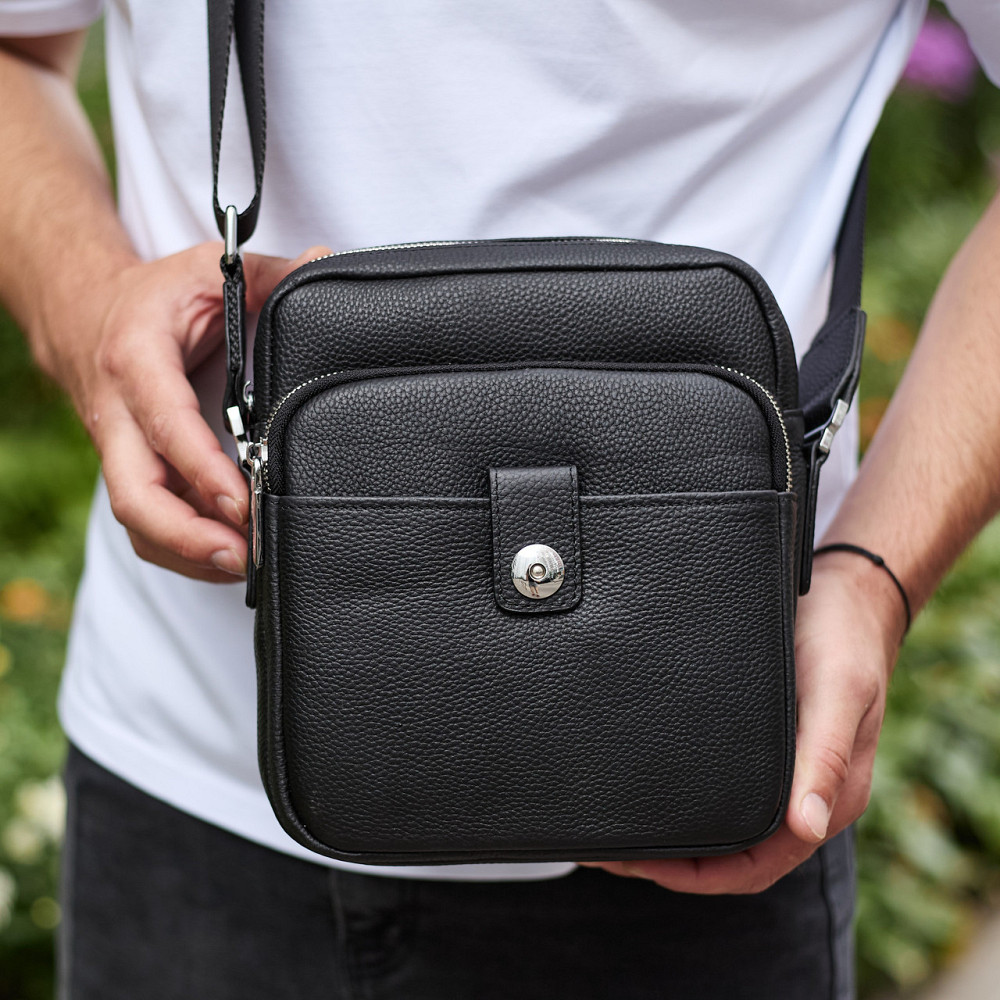 Мужская кожаная универсальная сумка 24х20х8, барсетка из кожи, сумочка для мужчин с регулировкой ручки, черная Киев - изображение 6