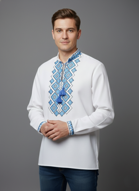 Мужская рубашка-вышиванка в праздничном стиле с геометрическим орнаментом 60 Киев - изображение 1