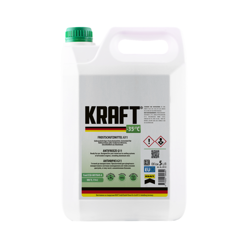 KRAFT G11 Green -35 °C 5 л — готовий зелений антифриз для легкових і вантажних автомобілів | KF121 Ковель - фото 1