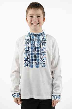 Вышиванка для мальчиков с длинным рукавом,  льняная, белая, топ 134 Киев