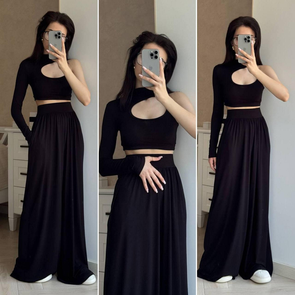 Жіночий стильний костюм-двійка: топ на одне плече та штани турецька віскоза Чорний Одеса - фото 1