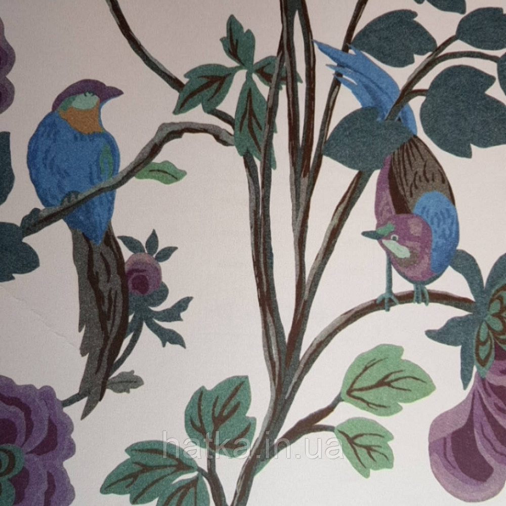Шпалери флізелінові Decoprint 0.53х10 екологічно чисті Daimon квіти листя птаха рожеві сині на світло-рожевому Київ - фото 1