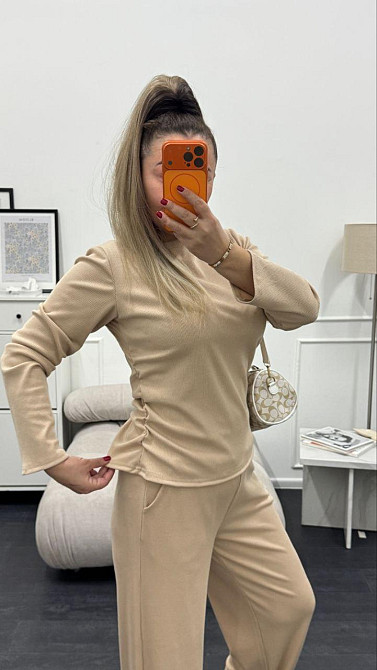 Жіночий базовий костюм-двійка: лонгслів і штани трикотажний рубчик Кремовий, 42/44 Одеса - фото 3