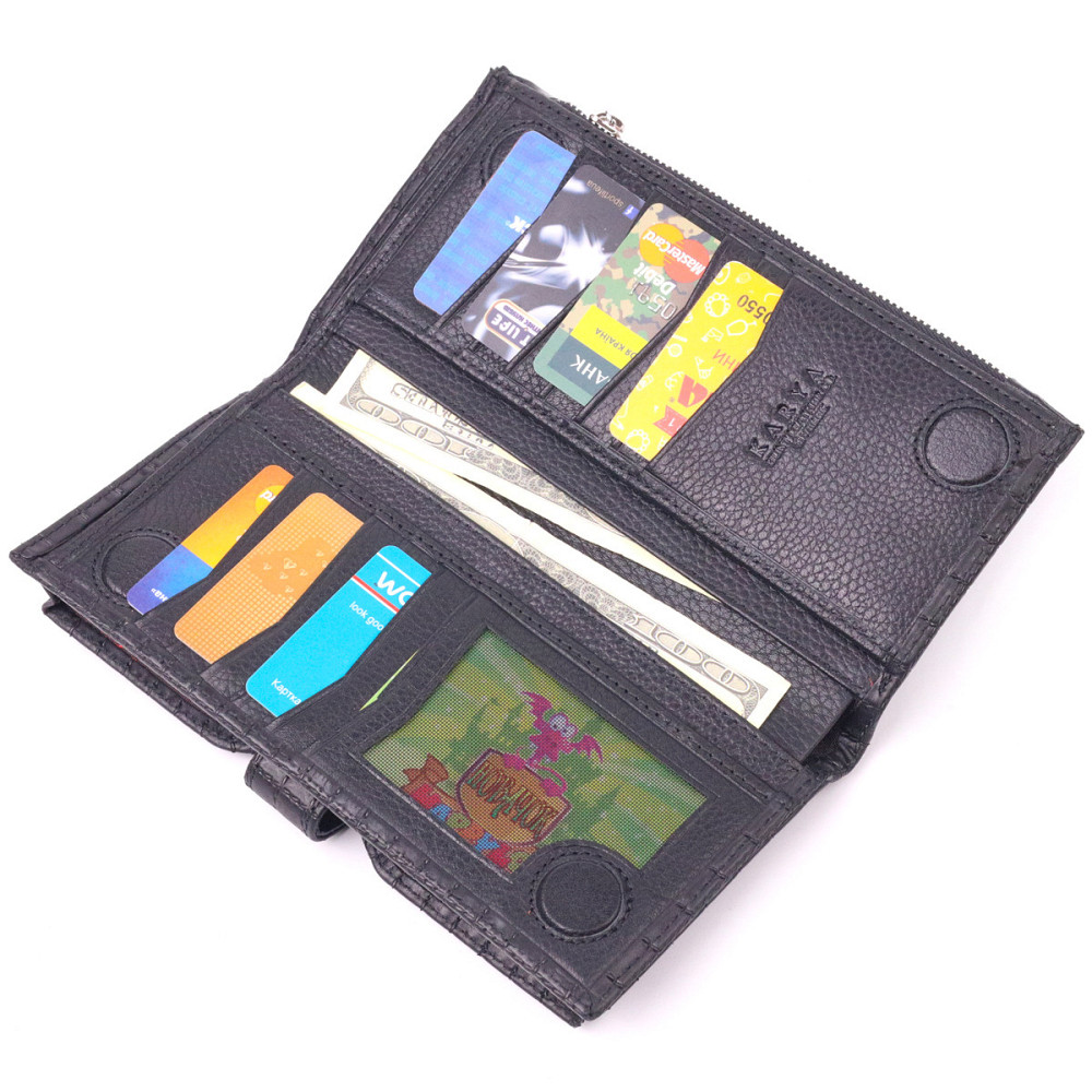 Стеганий вертикальний чоловічий гаманець з натуральної шкіри KARYA 21425 Чорний Київ - фото 4