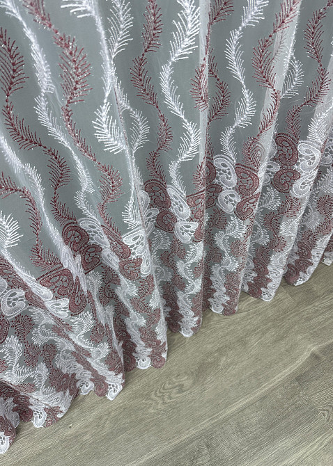 Тюль VR-Textil 1691т Органза с вышивкой Бордовый с белым 300х270 см (42-0732) Киев - изображение 8