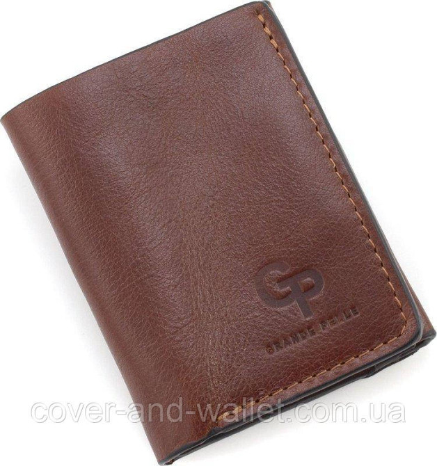 Маленький шкіряний гаманець ручної роботи на магнітах коричневого кольору Grande Pelle Київ - фото 1