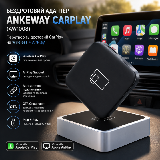 Бездротовий адаптер ANKEWAY CarPlay (AW1008): Перетворіть дротовий CarPlay на Wireless + AirPlay Київ