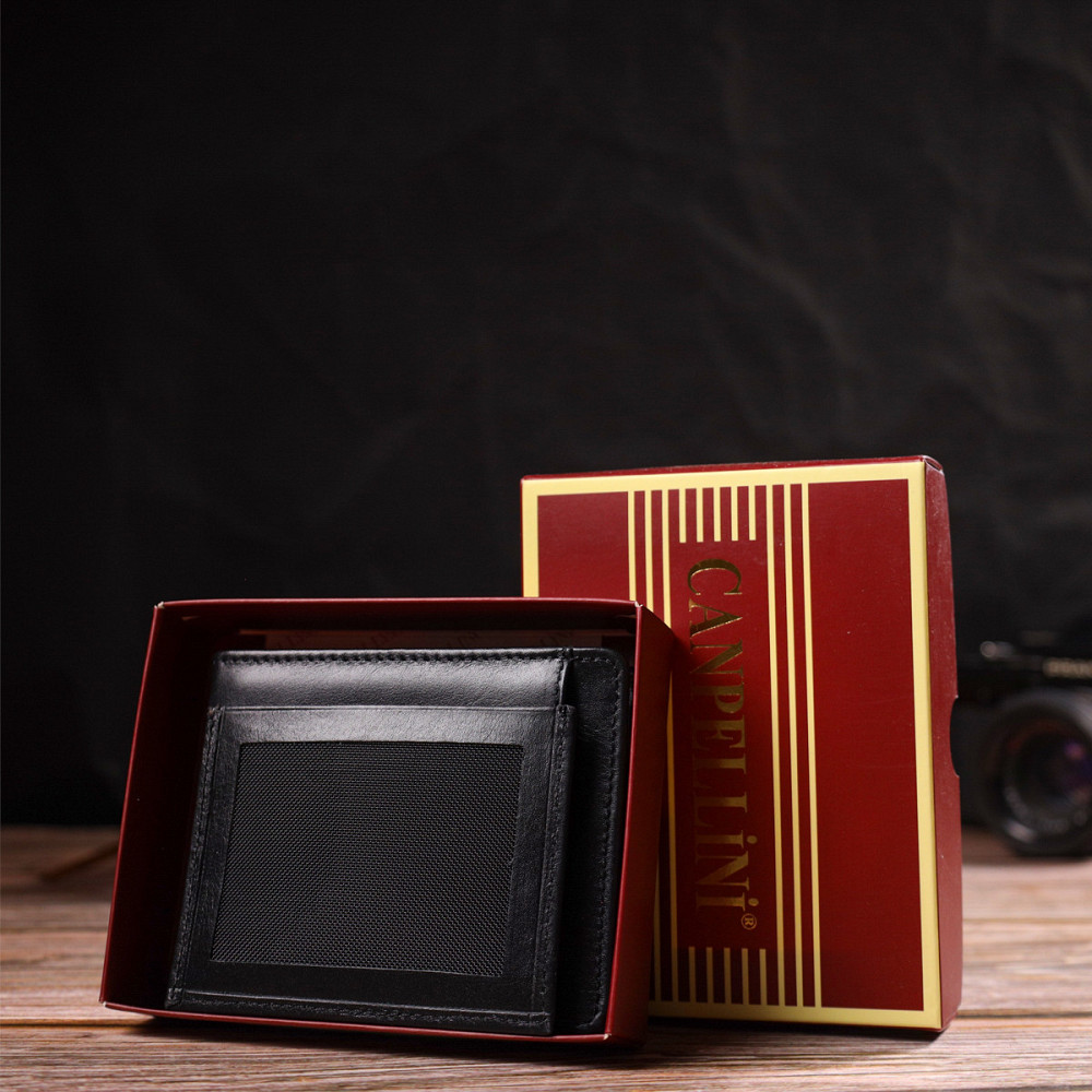 Практичний компактний гаманець із вкладишем для посвідчення для чоловіків з натуральної гладкої шкіри Чорний (CANPELLINI) Київ - фото 4