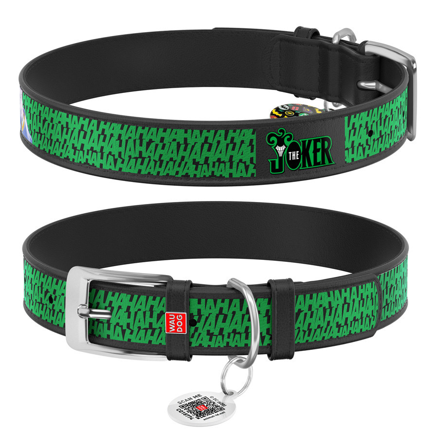 Нашийник для собак шкіряний WAUDOG Design з QR паспортом, малюнок "Джокер", Ш 25 мм, Д 38-49 см, чорний Вінниця - фото 1