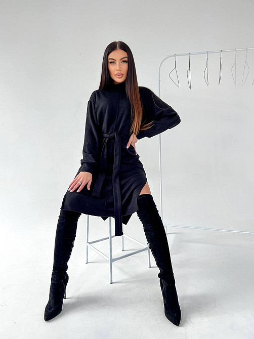 Женское стильное теплое удобное платье с разрезами турецкая двухсторонняя ангора люкс Черный, 48/50 Одесса - изображение 6