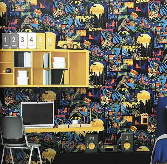 Обои виниловые на флизелине AdaWall Ada Kids метровые детские надписи бэтмен  комиксы черные белые на сером Киев
