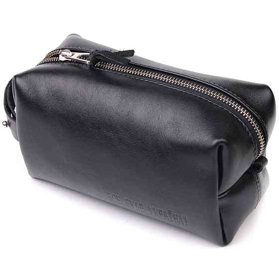 Косметичка середнього розміру з гладкої шкіри на блискавці Чорна (GRANDE PELLE) Київ