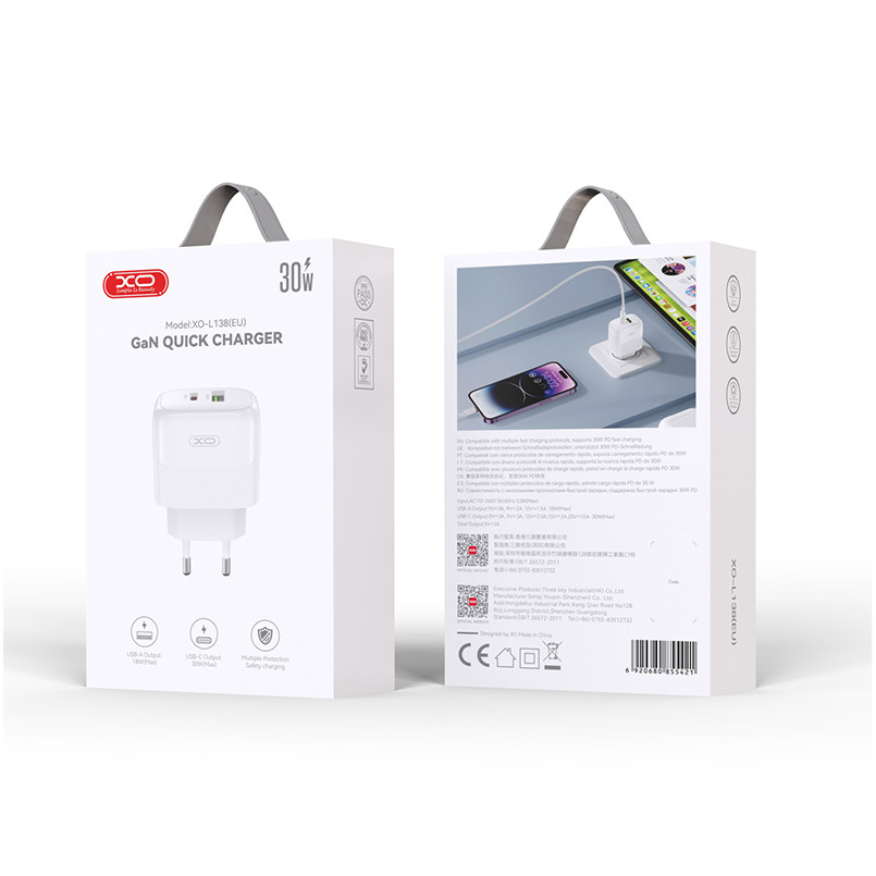 Мережевий зарядний пристрій XO L138 PD30W/QC18W 1USB-A+1USB-C  білий Львів - фото 7