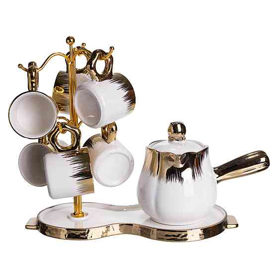 Кавовий сервіз на підставці з туркою 450 (мл) 6 чашок по 90 (мл) подарунковий набір чашок на підставці Білий із золотом FM-JJ-3 Коломия