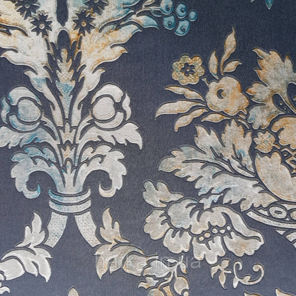 Шпалери вінілові на флізелін Sirpi Alta gamma Sempre 3 вензелі великі золотом сріблом на темно синьому тлі 3д Київ - фото 1