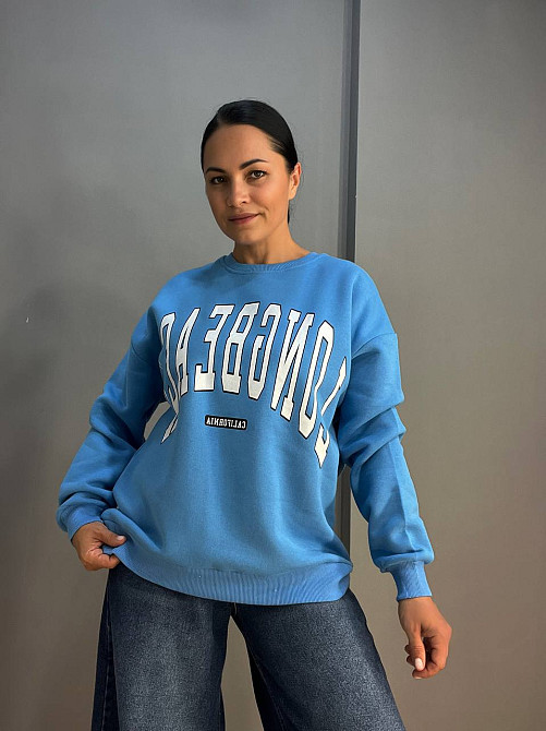 Свитшот женский Quzen 488 надпись впереди long beach флис утепленный голубой, голубой, L Киев - изображение 7