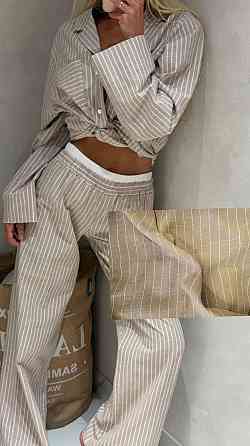 Жіноча смугаста піжама-двійка з льону Бежевий Одеса