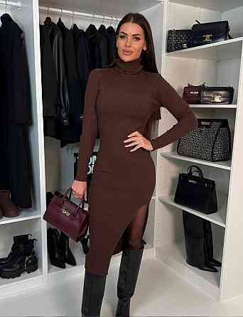 Женское романтичное теплое платье-гольф с разрезом по ножке ангора рубчик Шоколад, 46/48 Одесса
