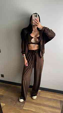 Жіночий стильний костюм-трійка: кофта топ і штани велюр плюш Шоколад, 44/46 Одеса