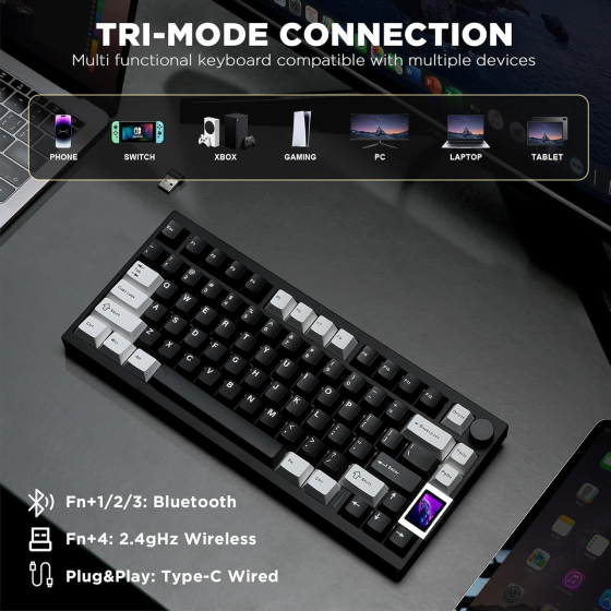 Алюминиевая механическая клавиатура YUNZII AL80 Black: ЖК-дисплей, Gasket Mount, BT/2.4G/USB-C, QMK/VIA, Cocoa Cream v2 Киев