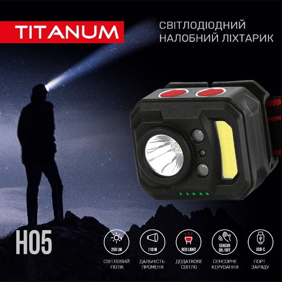 Ліхтарик LED налобний 250Lm 6500К чорний TLF-H05 Titanum Житомир - фото 4
