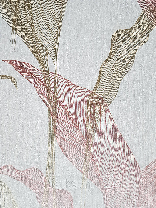 Шпалери метрові вініл на флізелін дизайнерські Erismann Elle Decoration 2 листя рожеві золотисті на білому Київ - фото 3