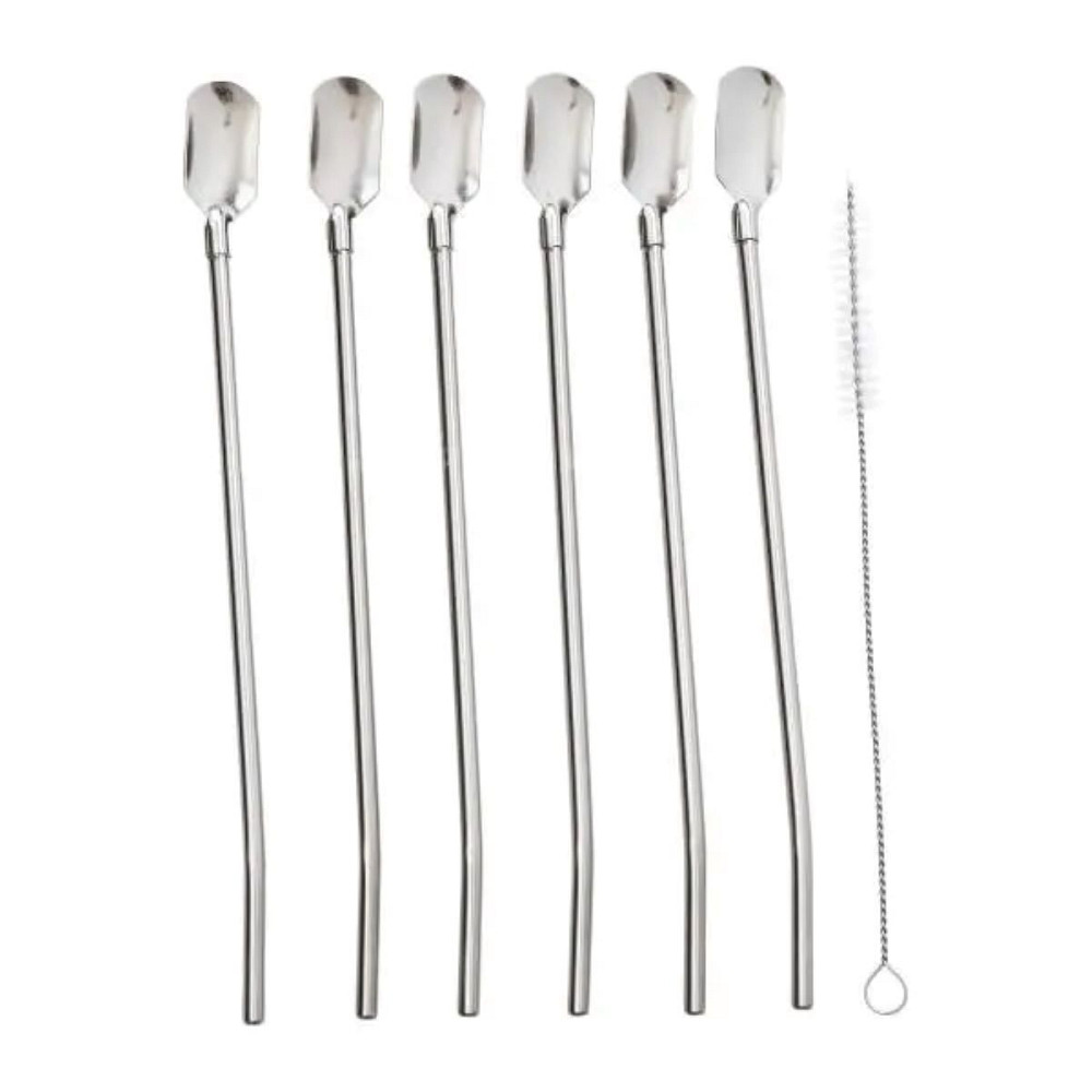 Набір багаторазових ложок-трубочок 6 шт для напоїв 22 см зі щіткою для миття з нержавіючої сталі Сірий HP-20-19 Коломия - фото 1