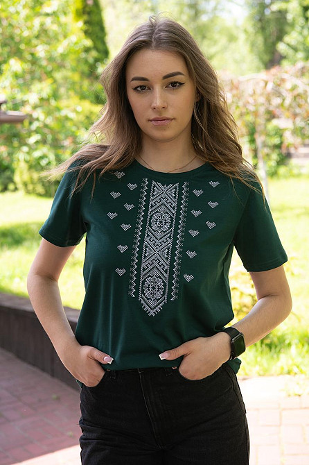 Вышиванка женская с коротким рукавом, изумрудная, хлопок топ 42 Киев - изображение 1