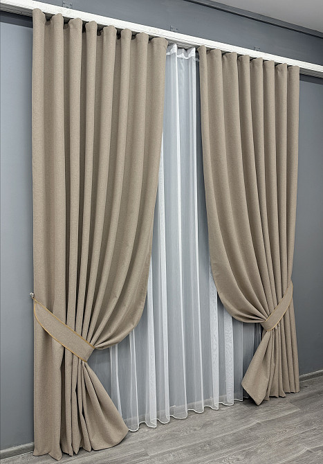 Комплект штор VR-Textil 100% блэкаут ASHEN NIGHT 100х270 2шт и Тюль 300х270 1853ш-1153т бежевый с белым 71-086/1 Киев - изображение 2