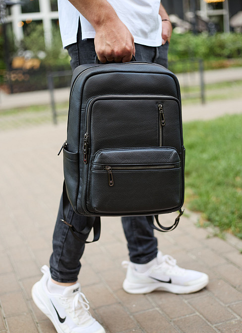 Міський чоловічий рюкзак із натуральної шкіри 40х30х18, наплічник для роботи та подорожей, чорний Кам'янське - фото 10