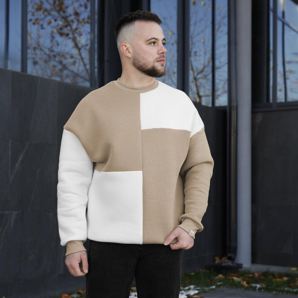 Мужской двухцветный стильный свитшот Pobedov The One. Свитшот оверсайт осенне-зимний молочно-песочный Киев - изображение 4