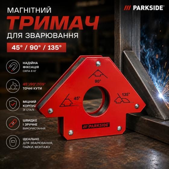 Магнітний тримач для зварювання Parkside 45°/90°/135°, 8 кг, кутовий магніт для зварювальних робіт Київ