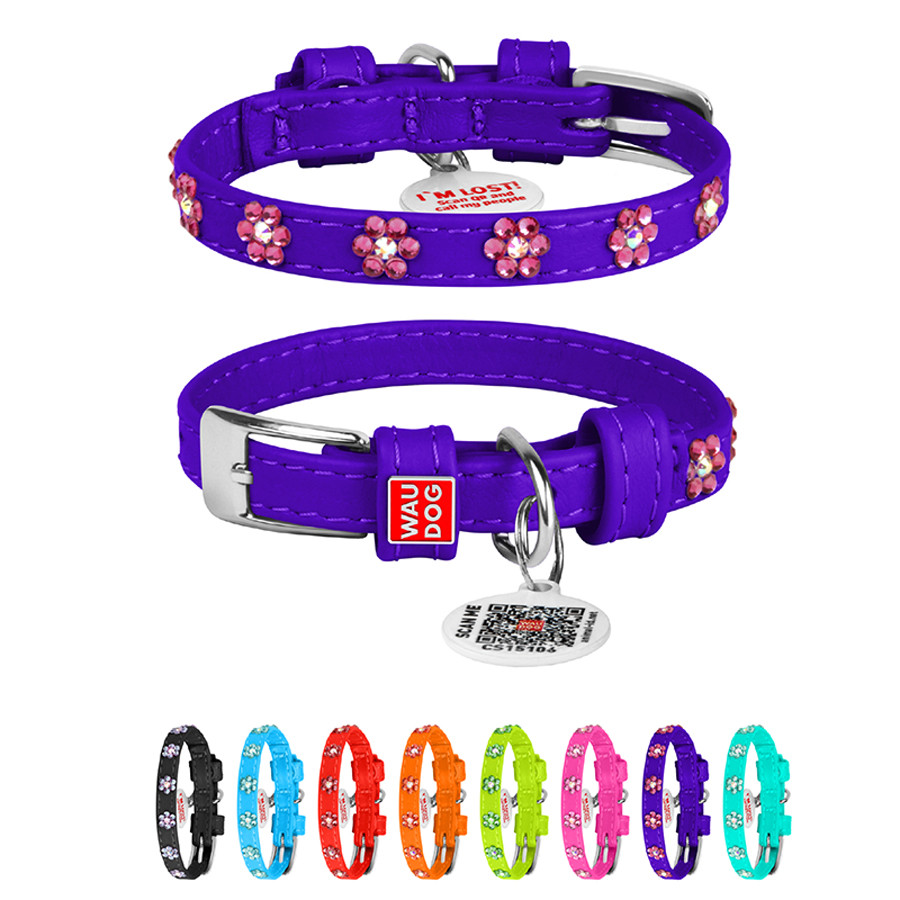 Нашийник для собак шкіряний WAUDOG Glamour з QR паспортом, з клейовими стразами "Квіти", Ш 9 мм Коломия - фото 1