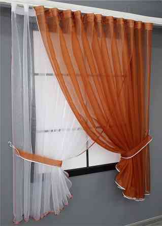 Кухонные шторки VR-Textil № 101к с подвязками терракотовый с белым 320х170 см (52-0414) Киев