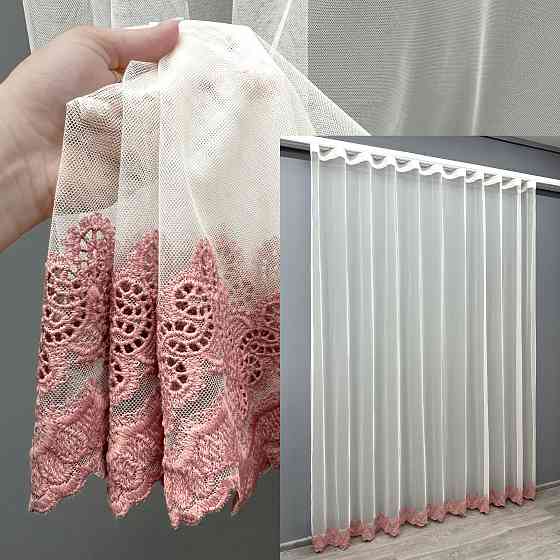 Тюль VR-Textil 1698т Грек-сітка з вишивкою Молочний з рожевим 300х250 см (42-1137) Київ