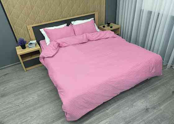 Комплект постільної білизни Страйп-сатин Євро 200х230 з простирадлом на резинці Рожевий (88-180) Київ