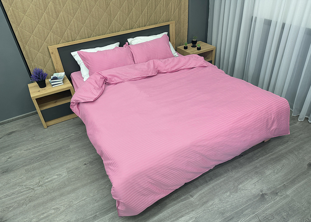 Комплект постільної білизни Страйп-сатин Євро 200х230 з простирадлом на резинці Рожевий (88-180) Київ - фото 3