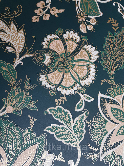 Шпалери флізелінові еко Rasch Sophia 0.53х10 рослинний принт квіти листя золотисте біле на темно-зеленім3д Київ - фото 4