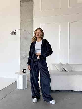 Женский повседневный костюм двойка: кофта и штаны велюр Синий, 46/48 Одесса