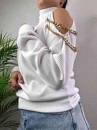 Стильний жіночий під горло светр із ланцюжком щільна ангора рубчик на фліс Білий, 48/50 Одеса