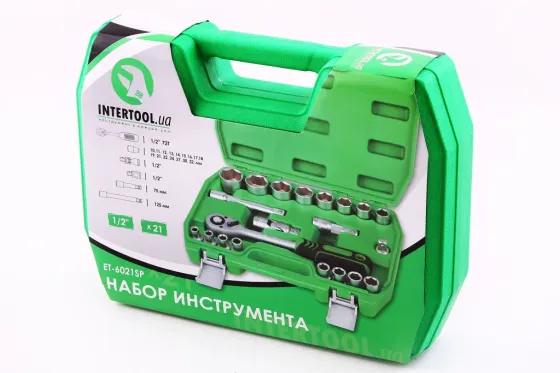 Набор головок 1/2  6-гр. 21 ед. Intertool 10-32мм с трещоткой, 2удлин., карданом в чемодане Винница